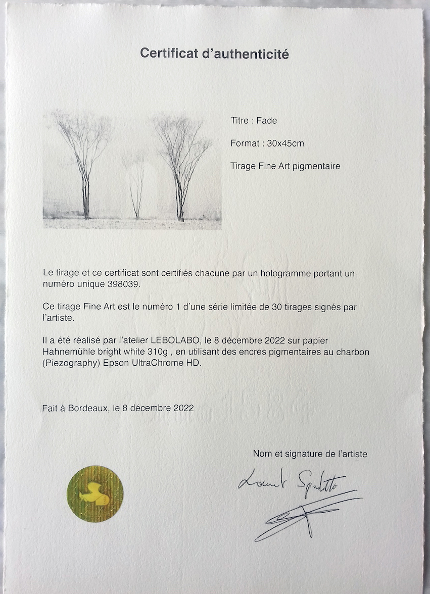 Exemple de certificat d'authentification - Tirage d'art - Laurent Spadotto, auteur photographe à Bordeaux